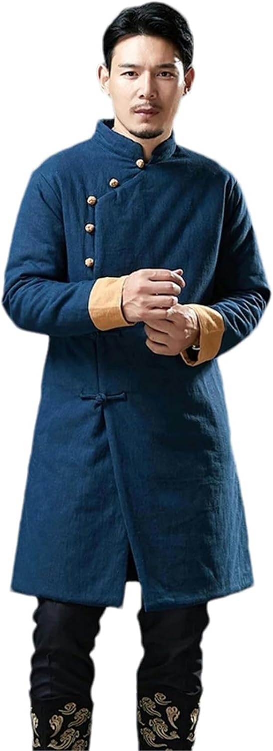 Winter Mid length Chinese Style Tang Suit Cotton padded Linen Jacket Thicken Kung Fu Gown Tai Chi Parkas