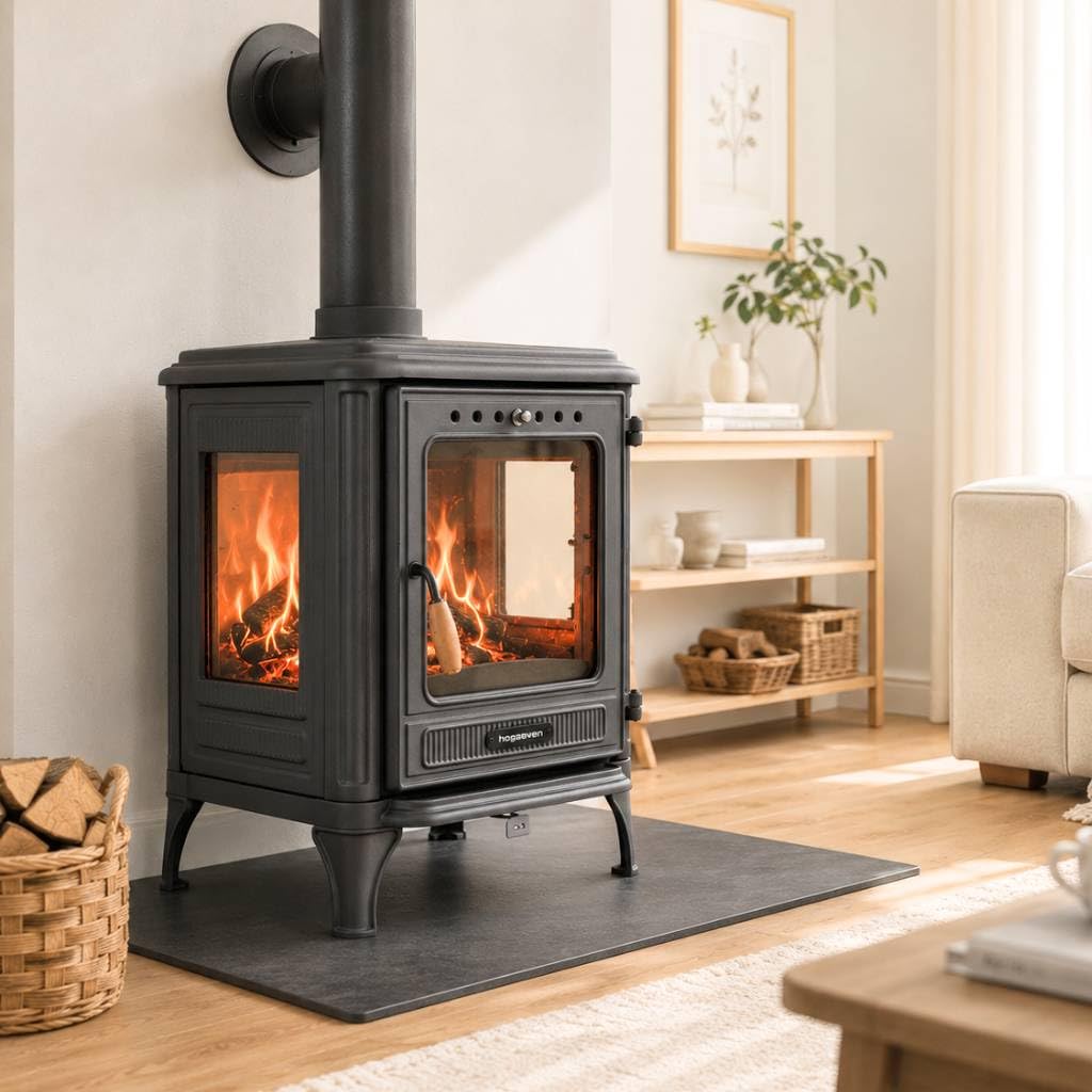 Kaminofen Holzofen Wohnzimmer Holzkamin 8005CK Panorama 3 Seiten Glas 7 kW Holz Ofen Kamin Heizofen Schwedenofen Mehrfachbelegung