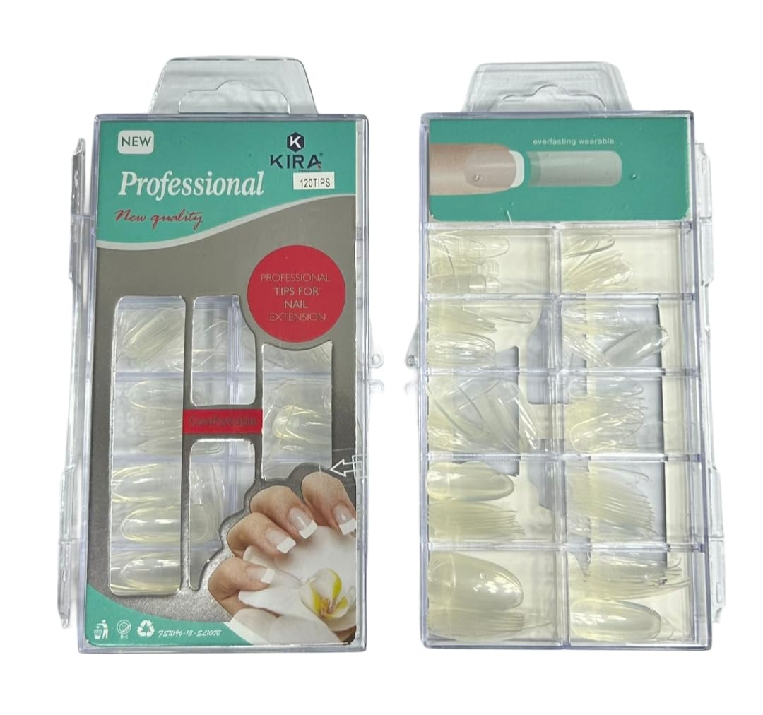 KIRA 120 Tip Professional Tips For Nails Extension False Long Nails Tips Natural, Long Sharp Claw Artificial 10 Sizes 120 PCS Full Coverage Clear Nails