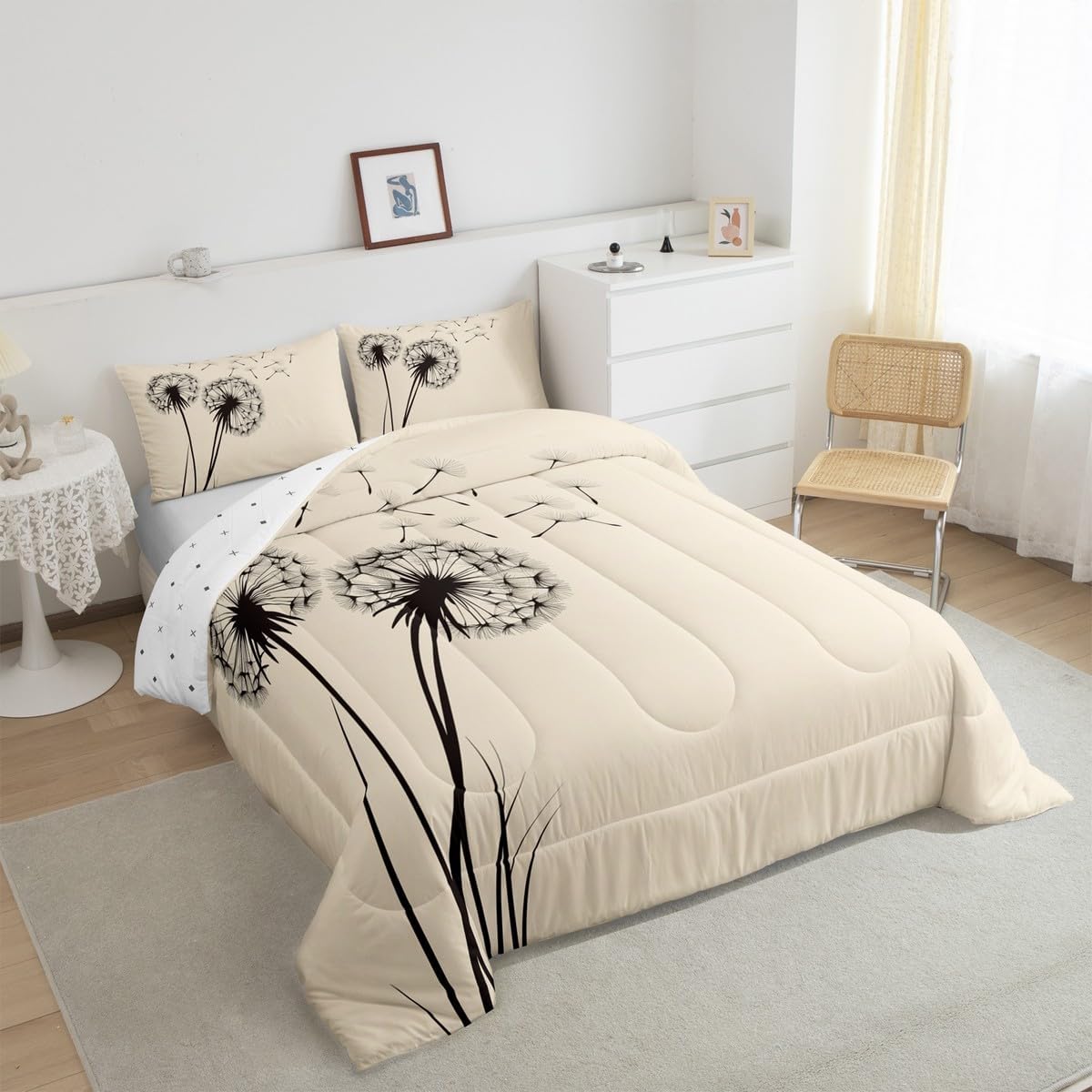Erosebridal Dandelion Comforter Set King Size,Abstract Dandelion Art Quilted Duvet,Flying Fluffy Petals Plant Down Comforter for Room Decor Soft Microfiber Bedding Comforters,Brown Cream
