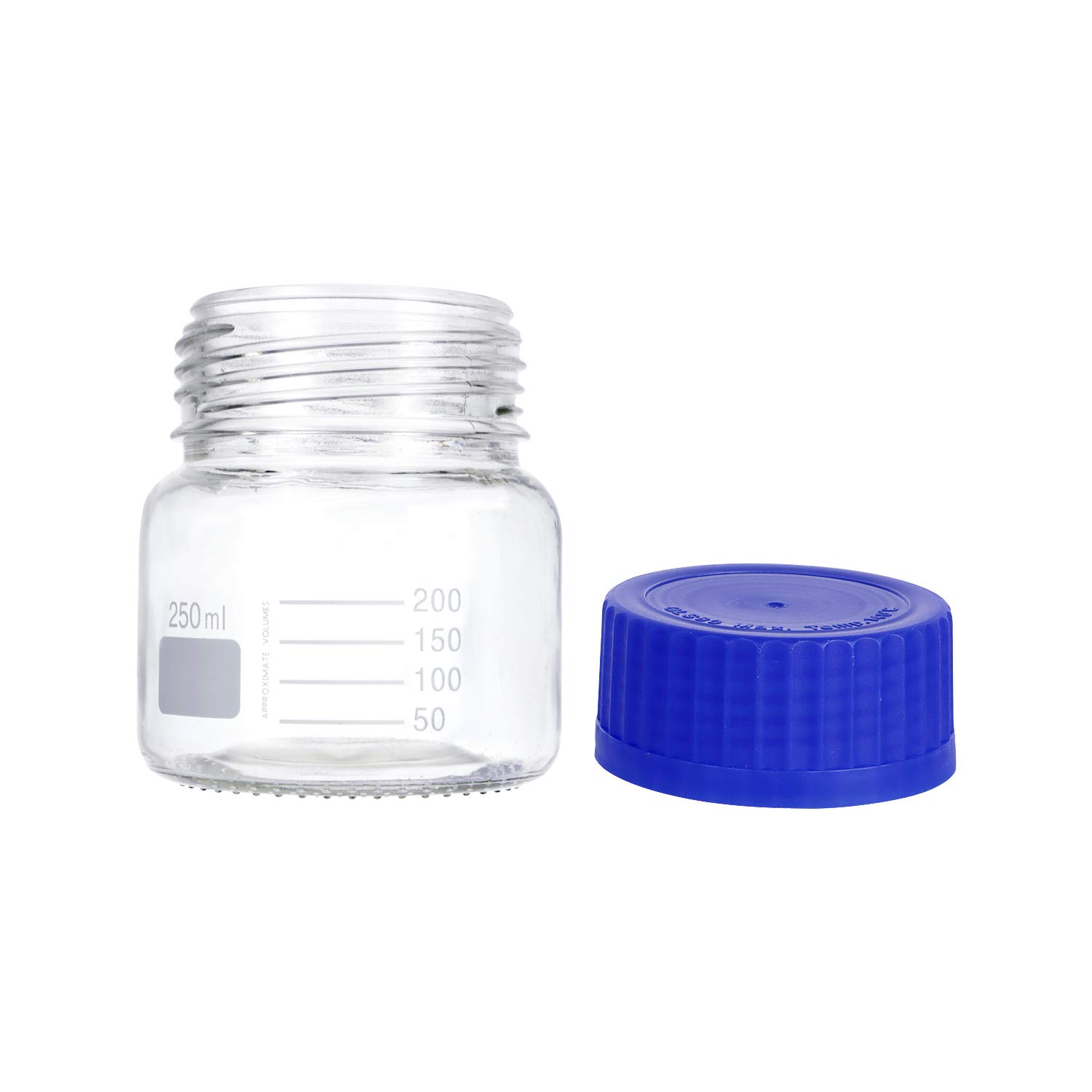 Paquete de 6 botellas de vidrio para laboratorio de almacenamiento de Pyrex de 250 ml de boca ancha graduadas con tapón de rosca de polipropileno azul GL80