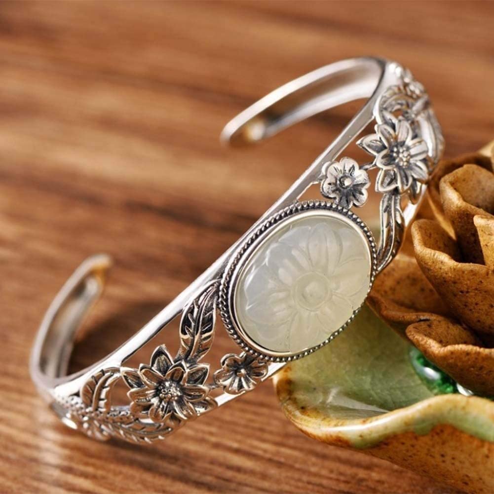 Bracciale Personalizzato ， Bracciale Rigido Aperto da Donna in Giada Bianca con intarsio Etnico Vintage in Argento Sterling 925