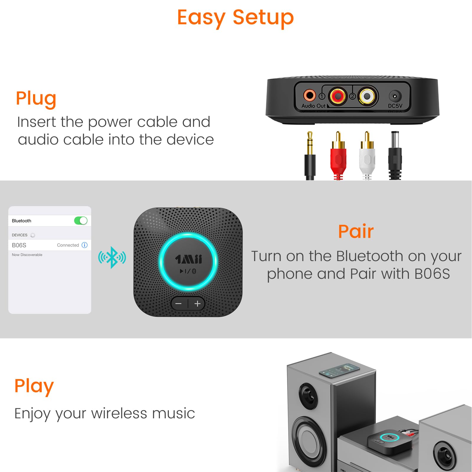 1Mii B06S Récepteur Bluetooth 5.2 pour système de streaming de musique, adaptateur audio sans fil Hi-Fi pour récepteur stéréo avec aptX HD aptX faible latence, récepteur Bluetooth avec contrôle du