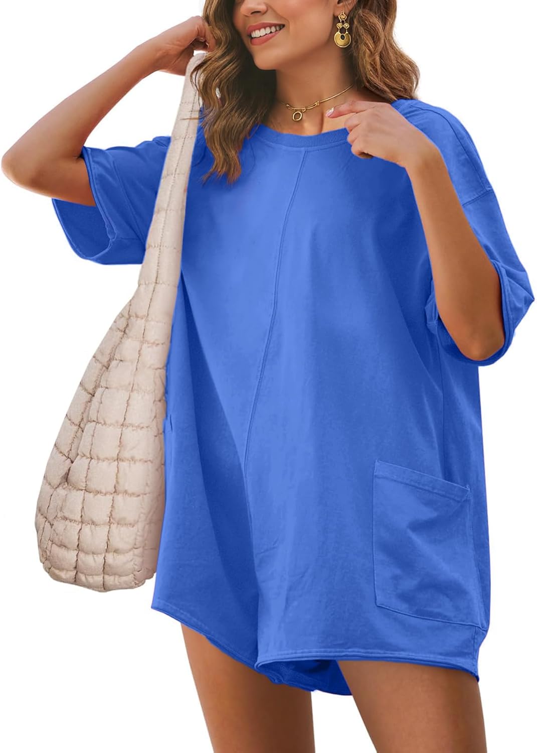 Glamaker Women's Summer Oversized Tee Romper Casual Workout Athletic Romper Onesie Backless Loose Shorts Jumpsuit Overalls