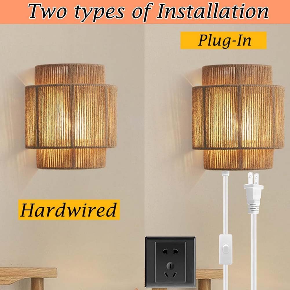 LOGT Boho Wandleuchte Mit Fernbedienung - Kabellose Rattan Wandlampe Akku