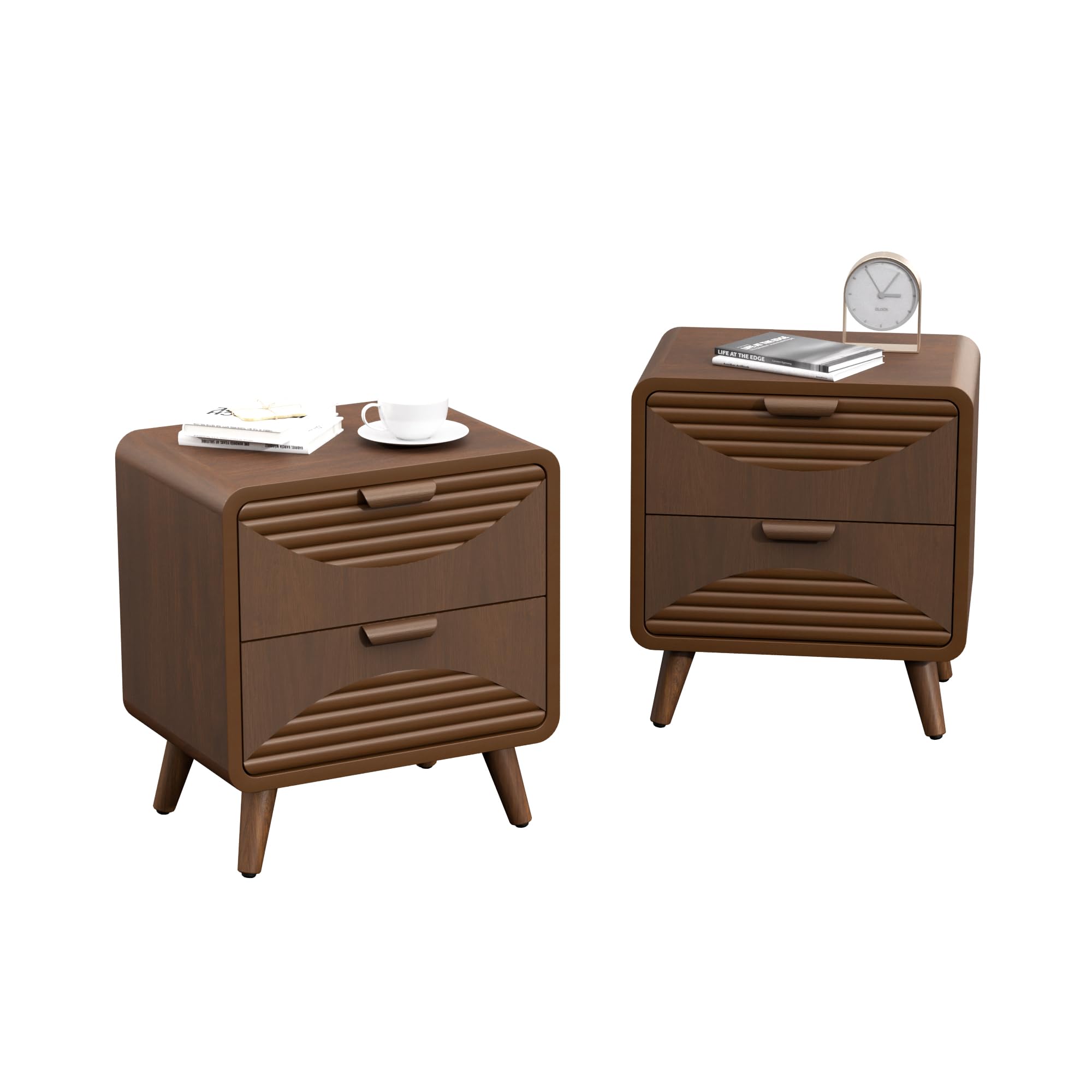 COSIEST Mid-Century Nightstand, Vintage Accent Furniture w 2 Storage Drawers, Modern End Table w Striped Pattern, Wood Small Accent Table for Bedroom,