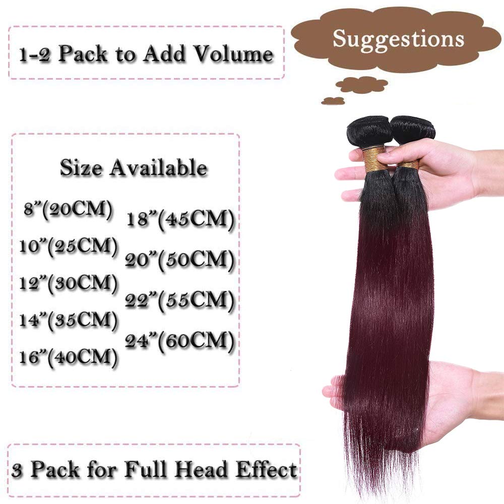 SEGO Extension Capelli Veri Tessitura Matassa Virgin Human Hair Brasiliani Shatush 100g Capelli Lisci per Cucire 25cm #1BT99 Nero Naturale/Rosso Borgogna