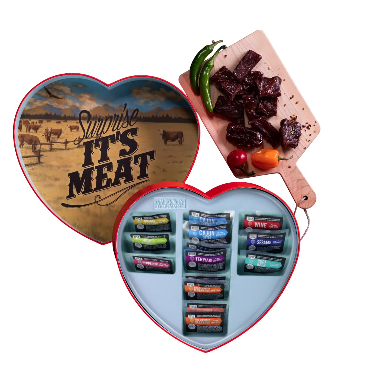 Jerky Heart – Includes 14 Delicious Beef Jerky Snacks With Flavors Like Habanero and Honey Bourbon – In A Delightfully Surprising Heart-Shaped Box
