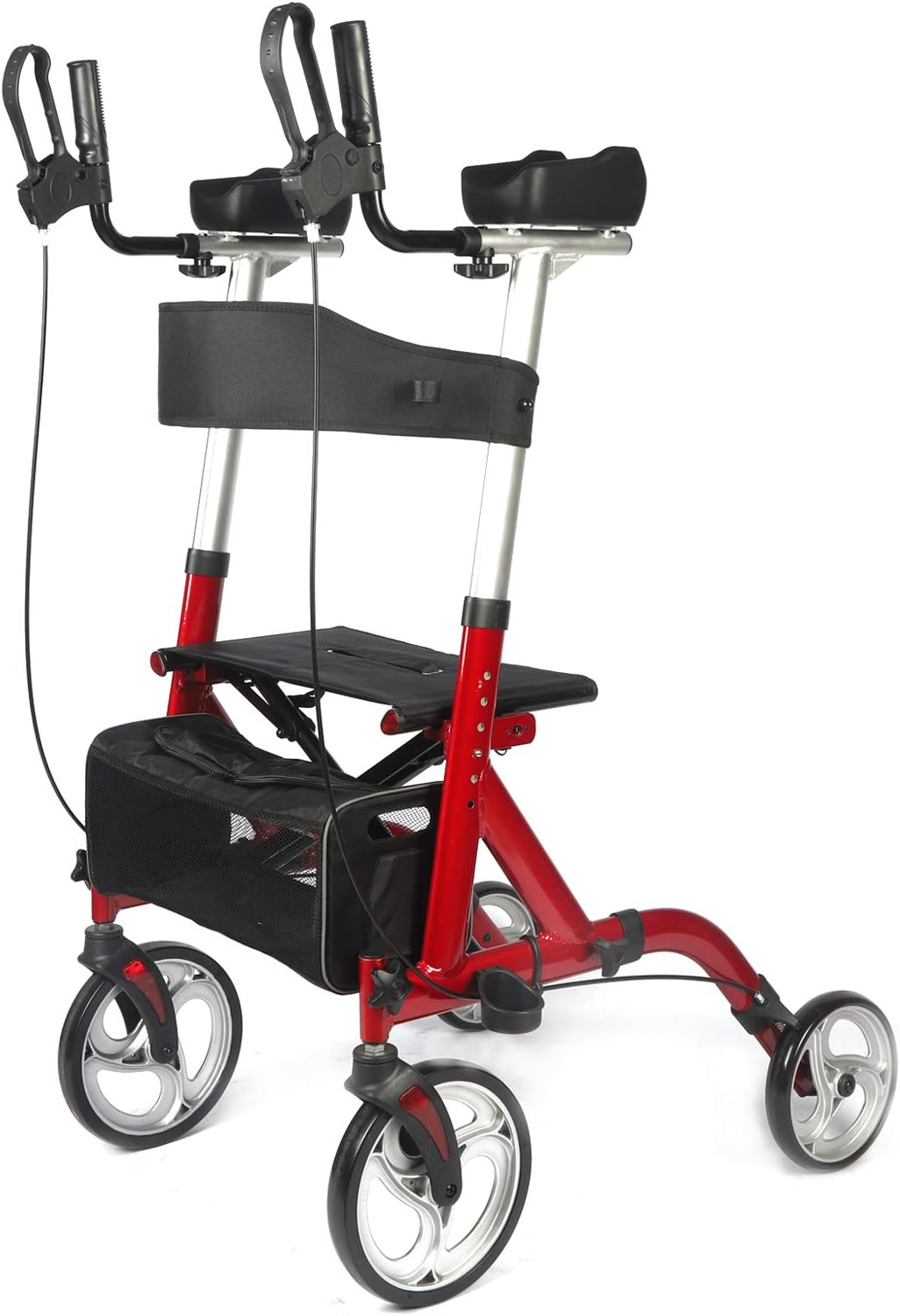 Upright Rollator Walker, Stand up Folding Rolling Walker with 10" Wheels and Seats, Padded Armrest and Backrest Rolling Mobility Walking Aid for Seniors and Adults, Red