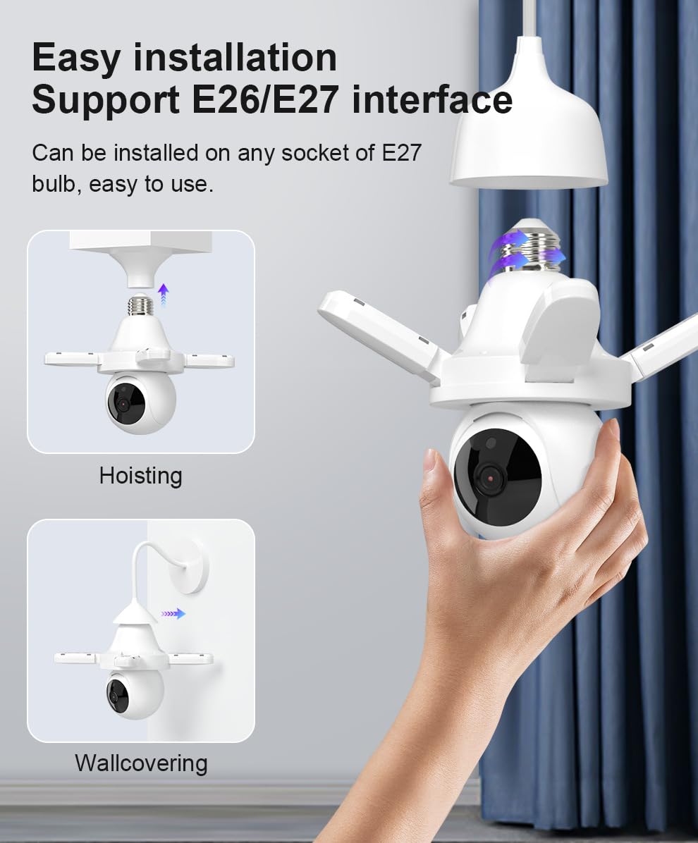 TKMARS Camara de Bombilla Vigilancia WiFi Exterior/Interior Camara de Vigilancia 355°, Cámara IP Vigilancia de Seguridad, Seguimiento Automático, Sirena, Visión Nocturna Color, Audio Bidireccional