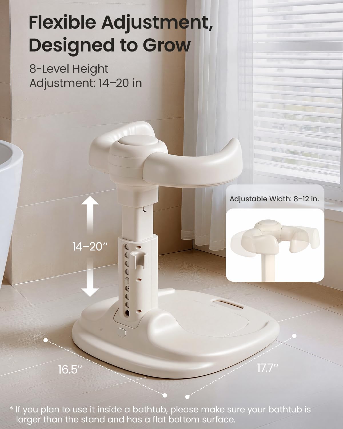 GROWNSY Support de bain et support de douche pliable pour bébé de 6 mois et plus | 8 réglages de hauteur et accoudoirs arrondis réglables, coussinets antidérapants, support de douche intégré, matériau ABS