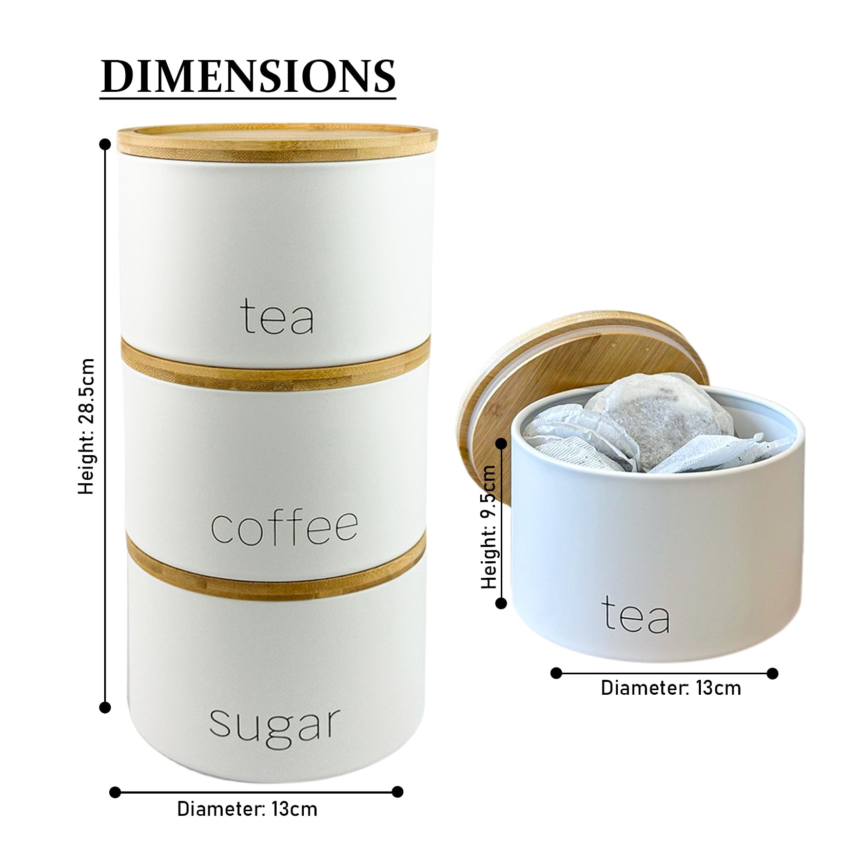 SAFRI 3 Pieces Jar with Wooden Lid Tea Coffee Sugar Canister Storage Container Bowl Pots Kitchen Storage Tins (White) - Image 4