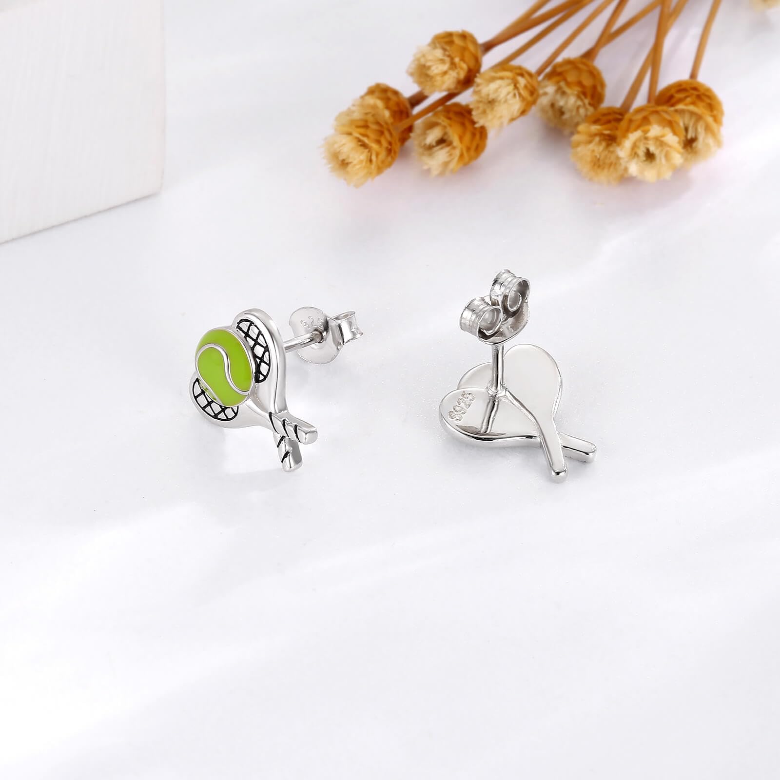 S925 - Orecchini a sfera da tennis in argento Sterling con sfera ipoallergenica per giocatori, gioielli sportivi, regalo per donne e ragazze