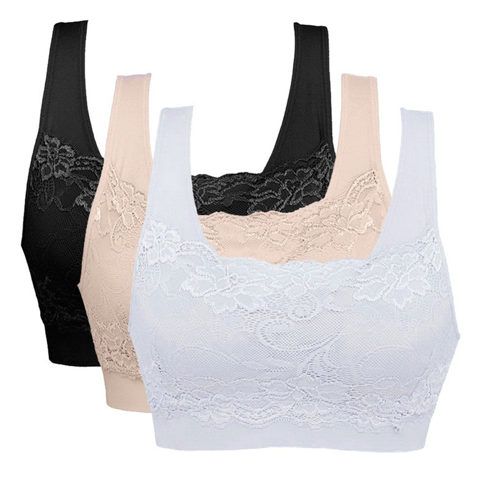 Vertvie Sujetador Deportivo Encaje Mujer Sin Aros Push-Up para Yoga, Deportes Sujetador para Entrenamiento Físico Acolchado(Negro 1+ Blanco 1 + Beige 1,XL)