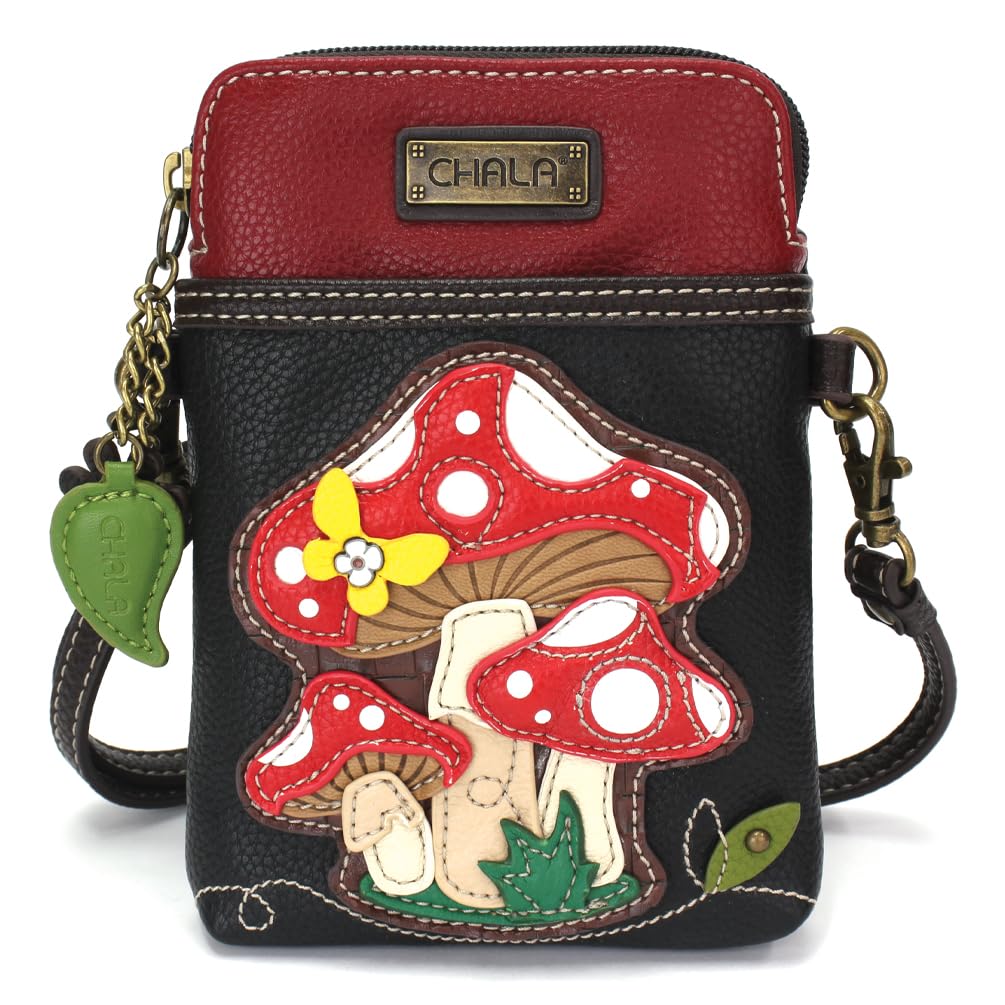 CHALA Crossbody Cell Phone Purse | Women's Multi-Color Wristlet Handbags with Adjustable Strap (Black_ Red Mushroom)