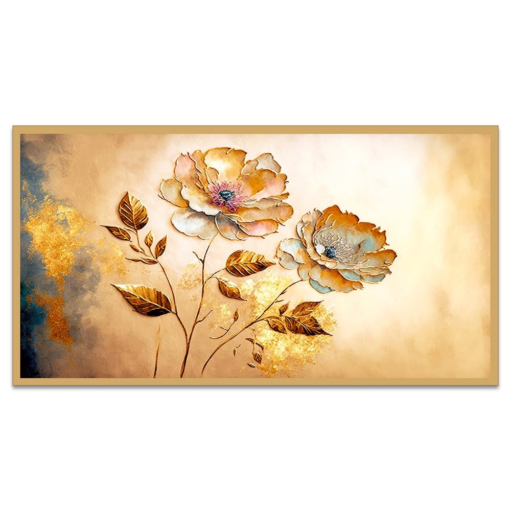 DEKORSTATION Canvas with Acrylic Floral Painting for Living Room Wall Decoration Golden Flower Abstract Floating Frame Wall Paintings for Home and Office Decor Size : 12x24 Inches
