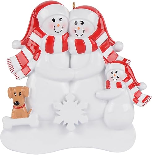 Ornaments by Elves - Adorno navideño personalizado para familia de 3 personas 2023 - Familia de muñeco de nieve con 1 perro bronceado, bonito