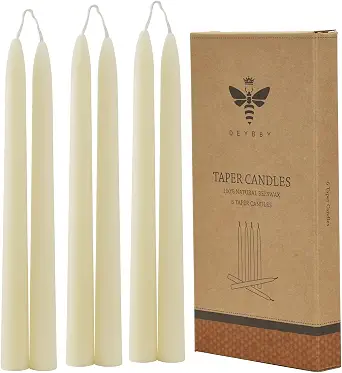10 inch Natural White Beeswax Taper Candles Set of 6, DEYBBY Smokeless and Dripless Beeswax Candles, Long Lasting Burning