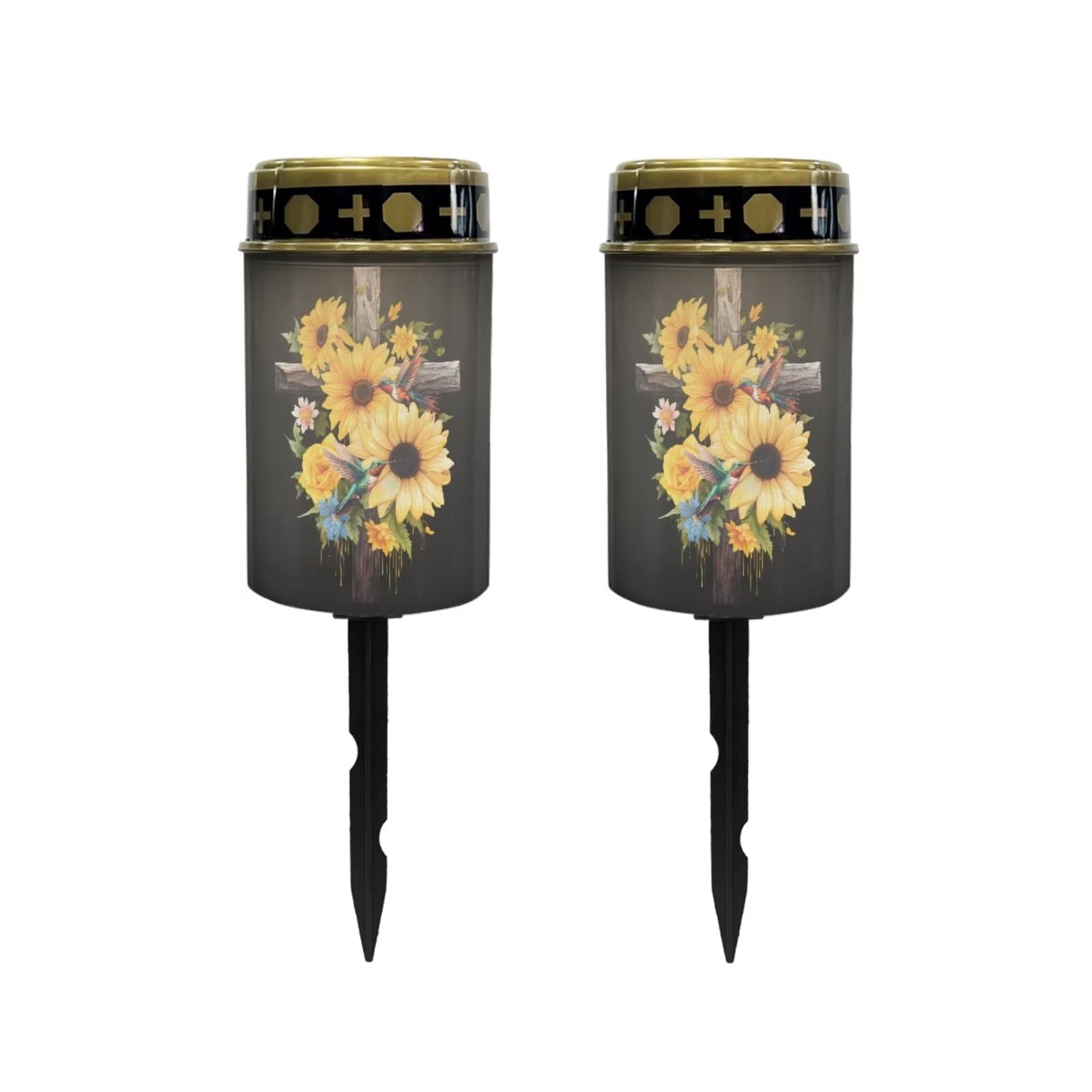 Poceacles Cross Outdoor Solar Lights Waterproof Outdoor Lights Solar Powered Solar Lantern Light Blessed Candles Cemetery Lights Outdoor Stake Home Decorative, Sunflower Hummingbird Cross, Pack of 2