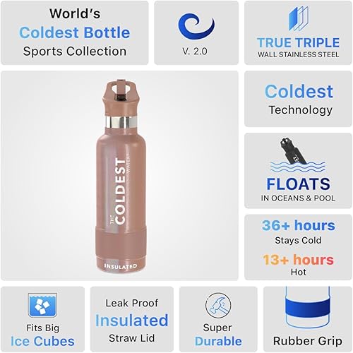 Miniatura 6 de Coldest - Botella para agua con tapa que incluye pajilla, térmica y metálica (acero inoxidable), para hombres y mujeres, color oro rosa brillante
