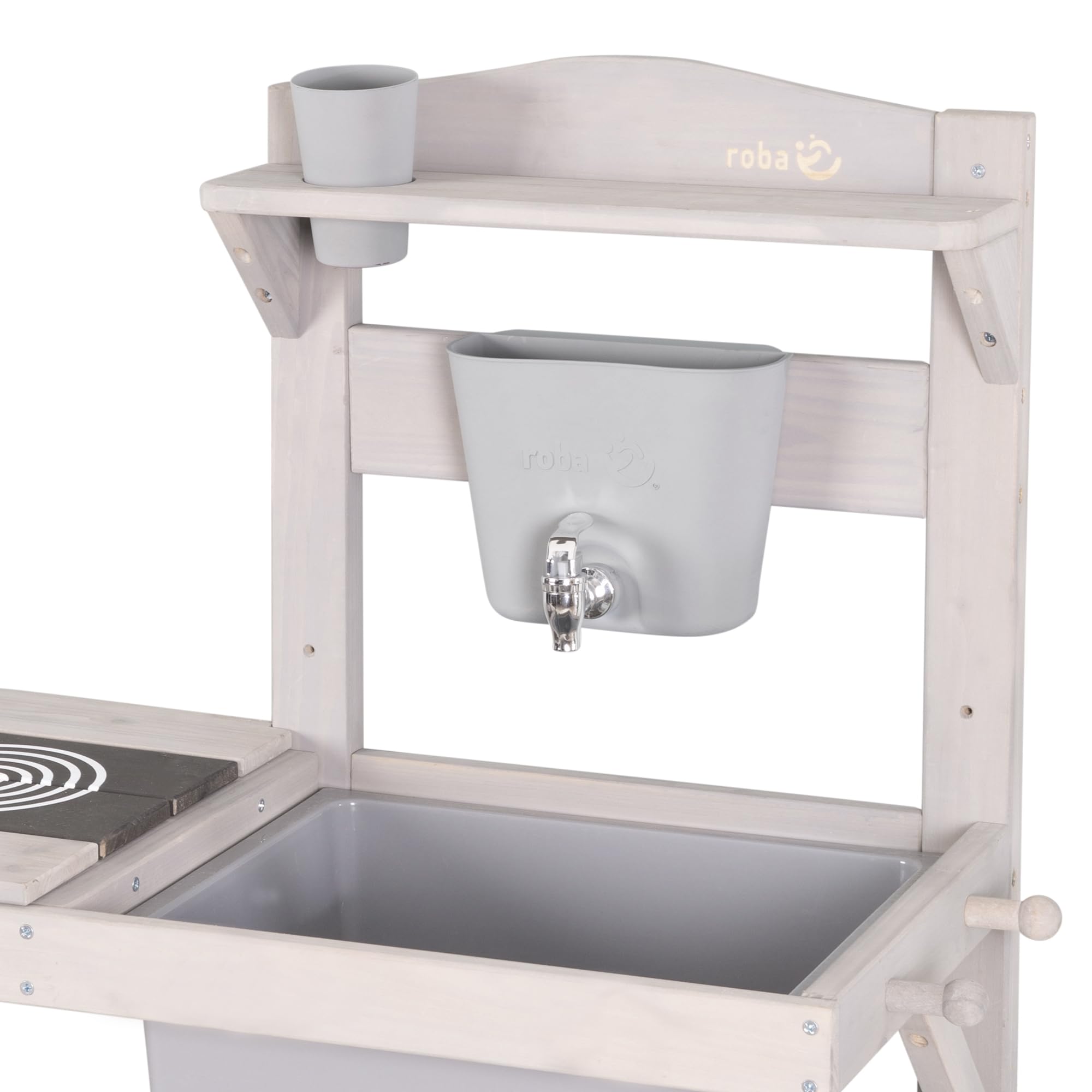 roba serbatoio d’acqua per cucine di fango e tavoli d’acqua, in plastica robusta con rubinetto, accessorio per cucine outdoor, appendibile fino a 18 mm, resistente alle intemperie, grigio