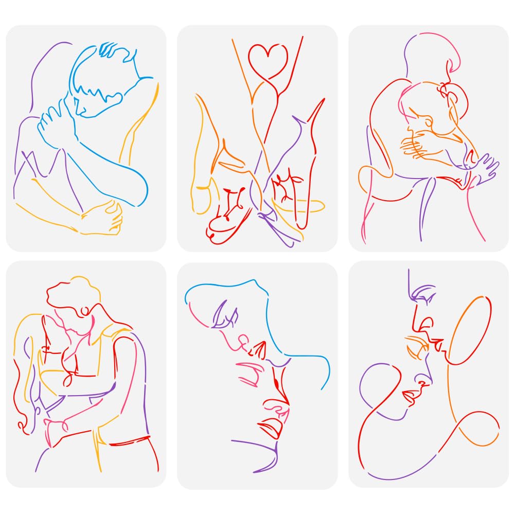 FINGERINSPIRE 6PCS Abstract Couple Line Stencils - 8.3x11.7inch Reusable Men Women Couples Painting Stencils with Large Face, Hand, Heart Patterns -