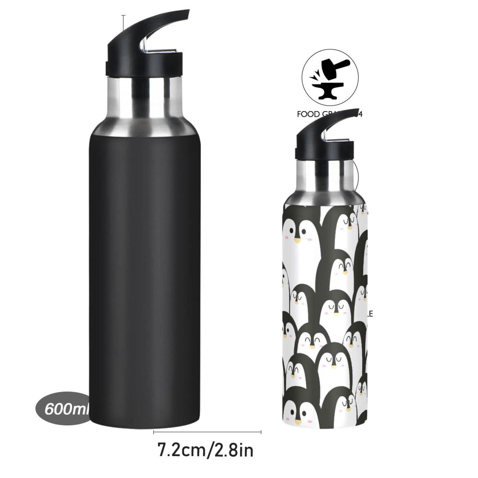 Penguin Black White Water Bottle Drink Flask with Straw Lid Leakproof Insulated Stainless Steel Thermos Bottle for Boys Girls Gym Sports 600 ml - Image 3