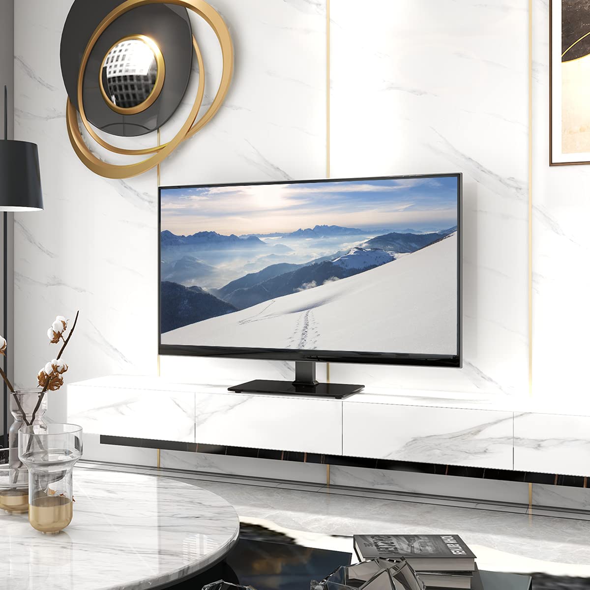 Universal TV Stand - Table Top TV Stand for 27-55 inch LCD LED TVs - 6 Level Height Adjustable TV Base Stand with Tempered Glass Base & Wire Management, VESA 400x400mm