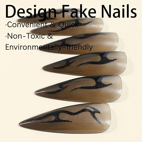 Miniatura 3 de Uñas postizas a presión para Halloween, uñas postizas largas de estilo stiletto, de cobertura completa, color negro, con diseños de pegamento