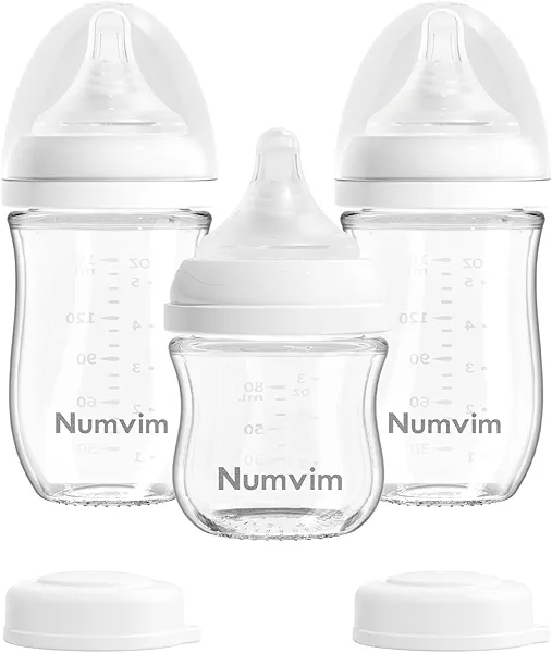 Numvim Natural Glass Baby Bottles with Gentle & Extra Slow Flow Nipples, Newborn Breastfeeding Bottle, Anti-Colic, Includes 1pcs SS Nipples(0 Month+) 2pcs S Nipples(1m+),3 Packs (White 3 Oz + 5 Ounce)