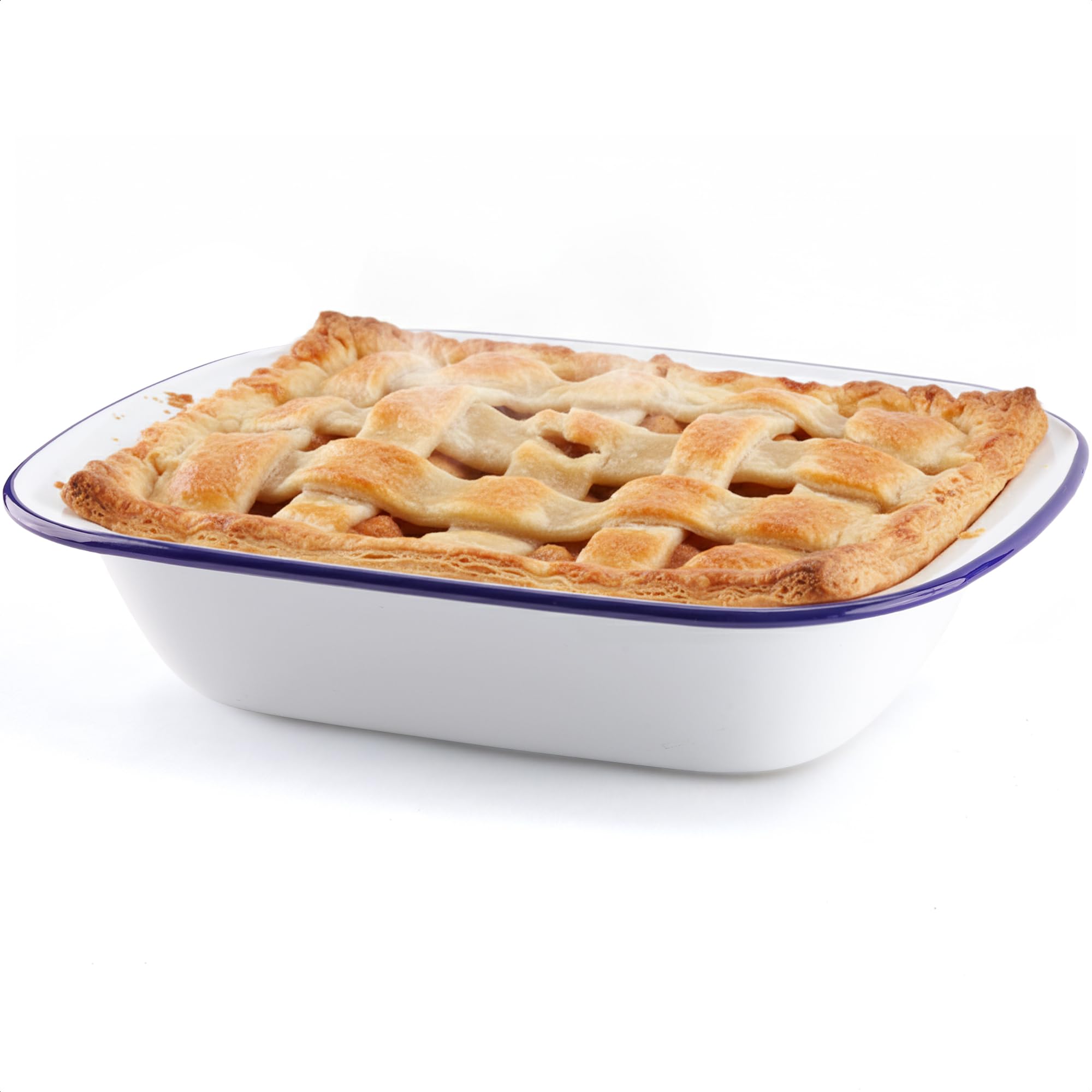 Winsome White With Blue Rim Enamel Pie Dish | White Enamel Roasting Tin | Dishwasher Safe Pie Dish Pudding Baking Steak | Plate Tray For Oven & Stove (L 32 X W 24 X D 7 Cm)