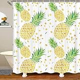 Homewish Gold Ananas Duschvorhang Obst Duschvorhang Tropische Ananas Badezimmer Dekor Vorhang Für Kinder Jungen Mädchen wasserdichte Vorhang Sets Mit 12 Haken 180x180 (BxL)