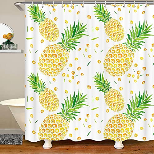 Homewish Gold Ananas Duschvorhang Obst Duschvorhang Tropische Ananas Badezimmer Dekor Vorhang Für Kinder Jungen Mädchen wasserdichte Vorhang Sets Mit 12 Haken 180x180 (BxL)