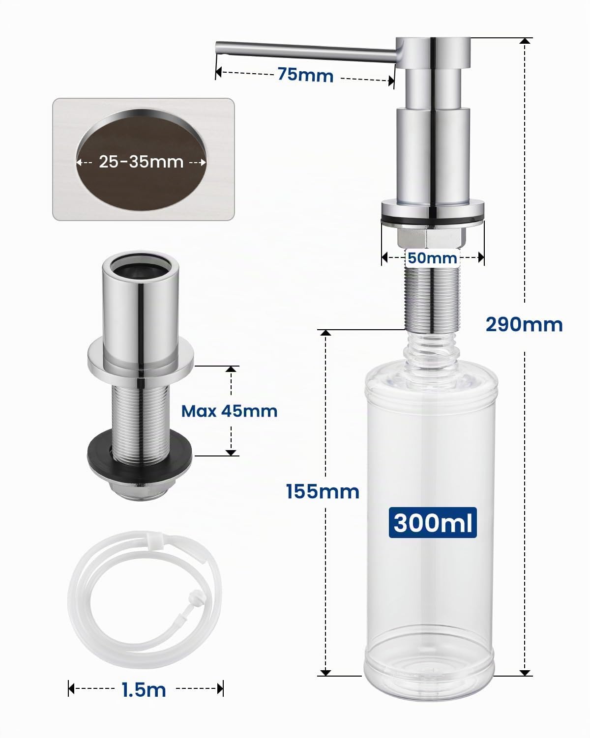 Distributeur de Savon Encastrable pour Cuisine, Distributeur Liquide Vaisselle Durable avec Écrous en Acier INOX 304(sans Plastique), Bouteille de 300ml et Tuyau de Rallonge de 1,25m, Chrome