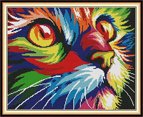 Kits de point de croix estampé bricolage 14CT couture gamme complète de kits de démarrage de broderie pré-imprimés pour les débutants –Chat coloré 39 x 32 cm