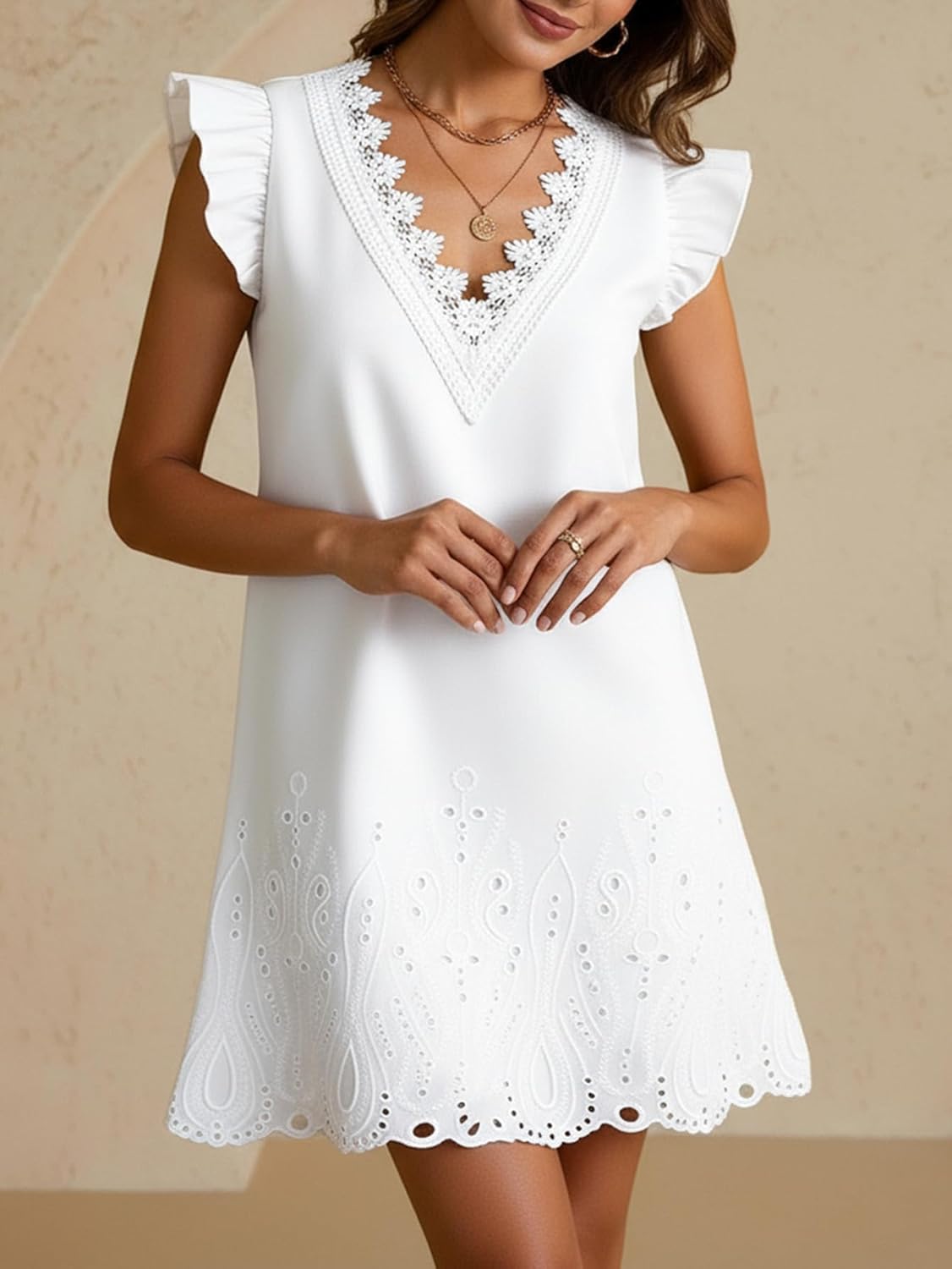 Women's Summer Eyelet Embroidery Lace Dress Cute Ruffle Sleeve V Neck Mini Dresses - Image 3