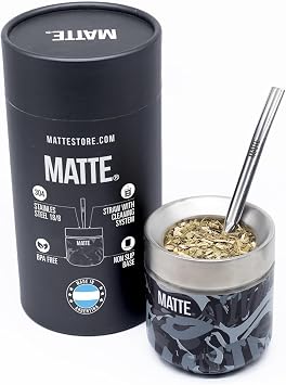 Matte 6.5 oz Yerba Mate Gourd and Bombilla Set - Includes Camo DS Pro Box - BPA Free Yerba Mate Set Kit with Mate Straw, Elegant Design, Non-Slip Base Black
