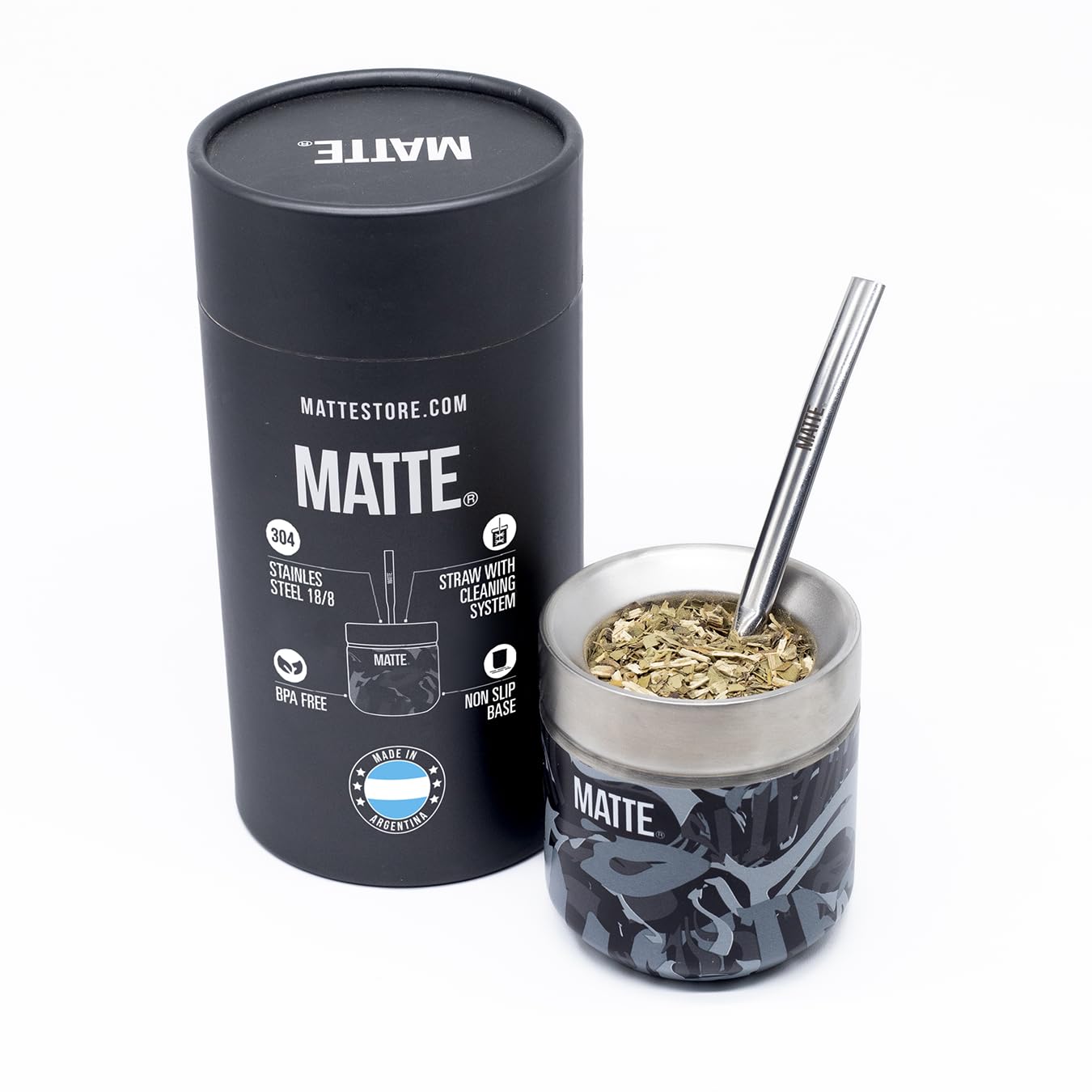 Matte 6.5 oz Yerba Mate Gourd and Bombilla Set - Includes Camo DS Pro Box - BPA Free Yerba Mate Set Kit with Mate Straw, Elegant Design, Non-Slip Base (Black)