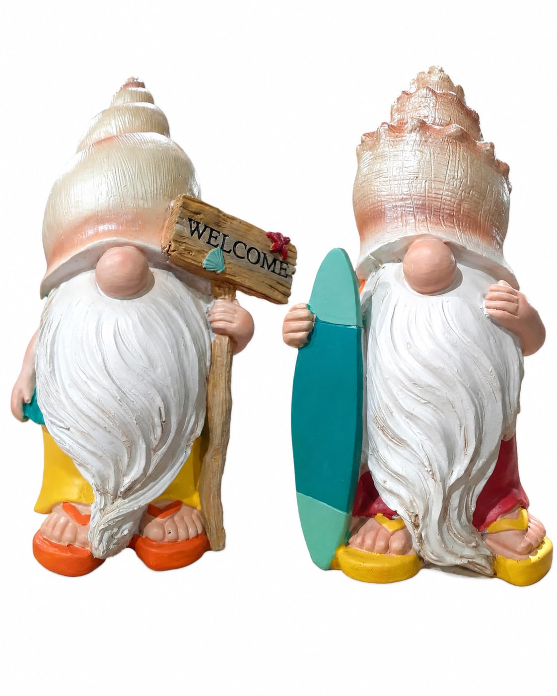 The Bridge Collection Multicolor Beach Gnome Statues, Set Of 2, Resin, With Surfboard And Welcome Sign, Coastal Nautical Decor