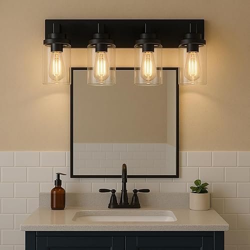 Miniatura 2 de MELUCEE Luces de tocador de 4 luces sobre el espejo, lámparas de baño de granja negras con pantalla de vidrio transparente, lámpara industrial de