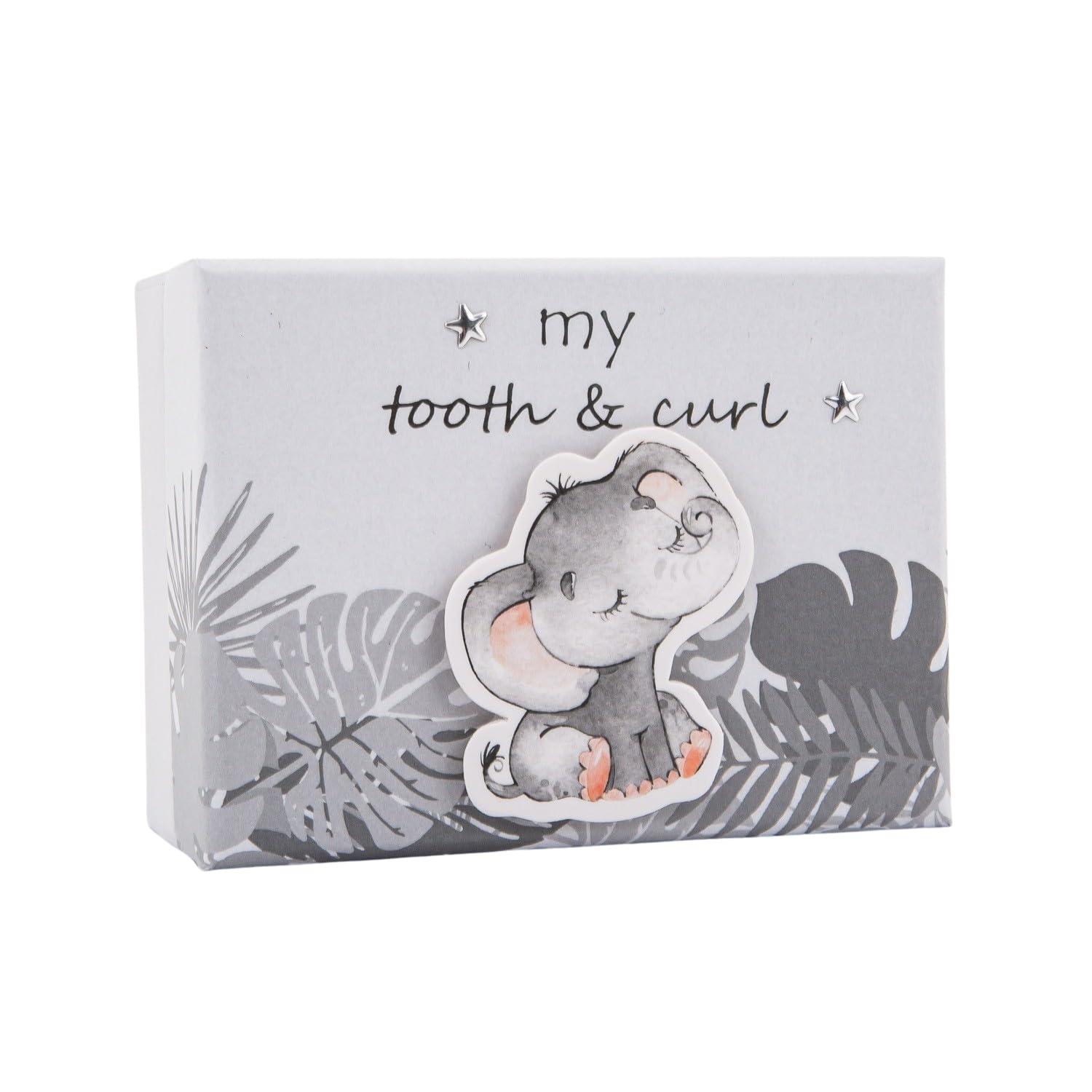 Happy Homewares Cute Baby 3D Elephant Grey Tooth and Curl Small Keepsake Box with Shiny Silver Stars and Palm Leaves | 10cm x 5cm x 8cm