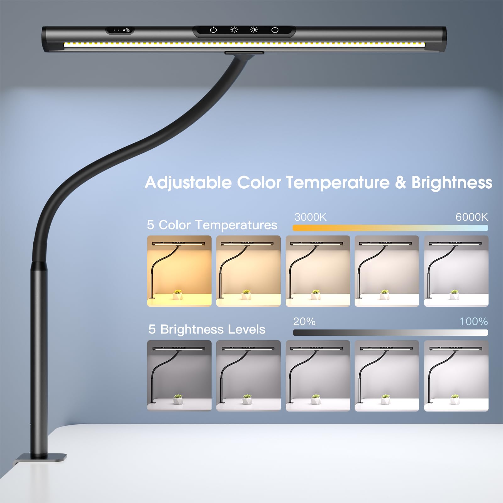 EYOCEAN Lampe de Bureau 12W Lampe d'Architecte, lampe de travail avec Pince, LED Protection des Yeux, Atténuation et Température de Couleur Réglable, Fonction de Mémoire et de Chronométrage