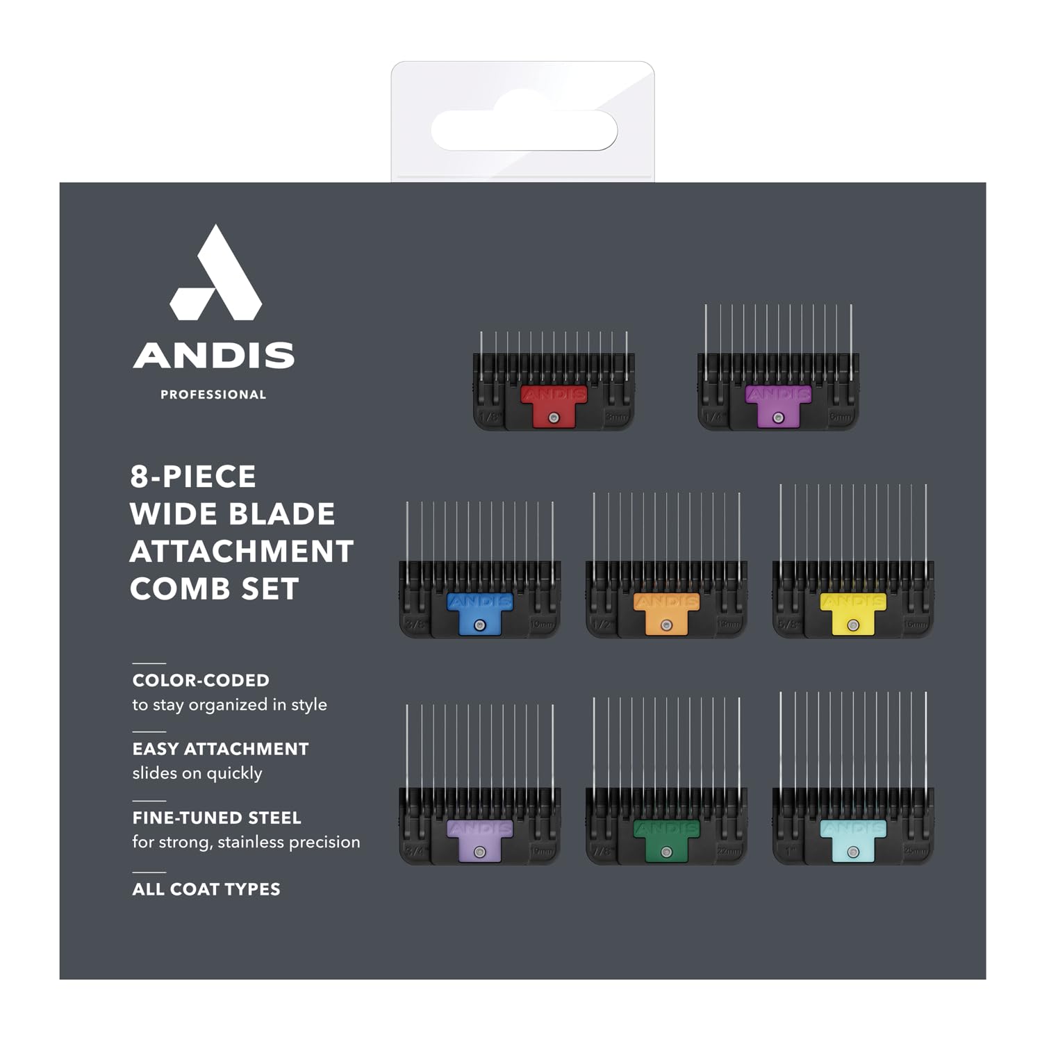Andis 561475 Premium-Tierkamm-Set mit Clip, hergestellt aus Kunststoff, inklusive 8 farbcodierten Kämmen in verschiedenen Größen, Befestigungskamm, alle Fellarten, mehrfarbig | Passend für breite Klingen Nr. 10 W, # 30 W, T-84 und T-10, robuster Kunststof