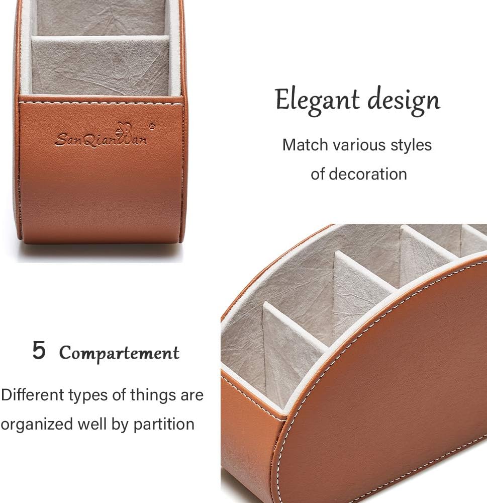 Remote control holder with 5 compartments Leather caddy organizer for Table,Bed,Wall Mount,Office,Room,to TV, DVD, Blu-Ray, Media Player, Heater Controllers(Brown)