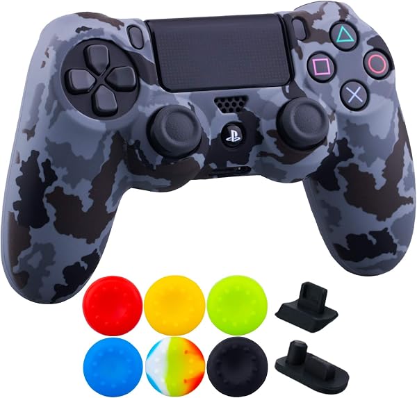 1 Piece of SiliconeTransfer Print Protective Cover Skin + 6 Thumb Grips & Dust Proof Plugs for PS4/Slim/Pro Controller Camouflage Grey - 2