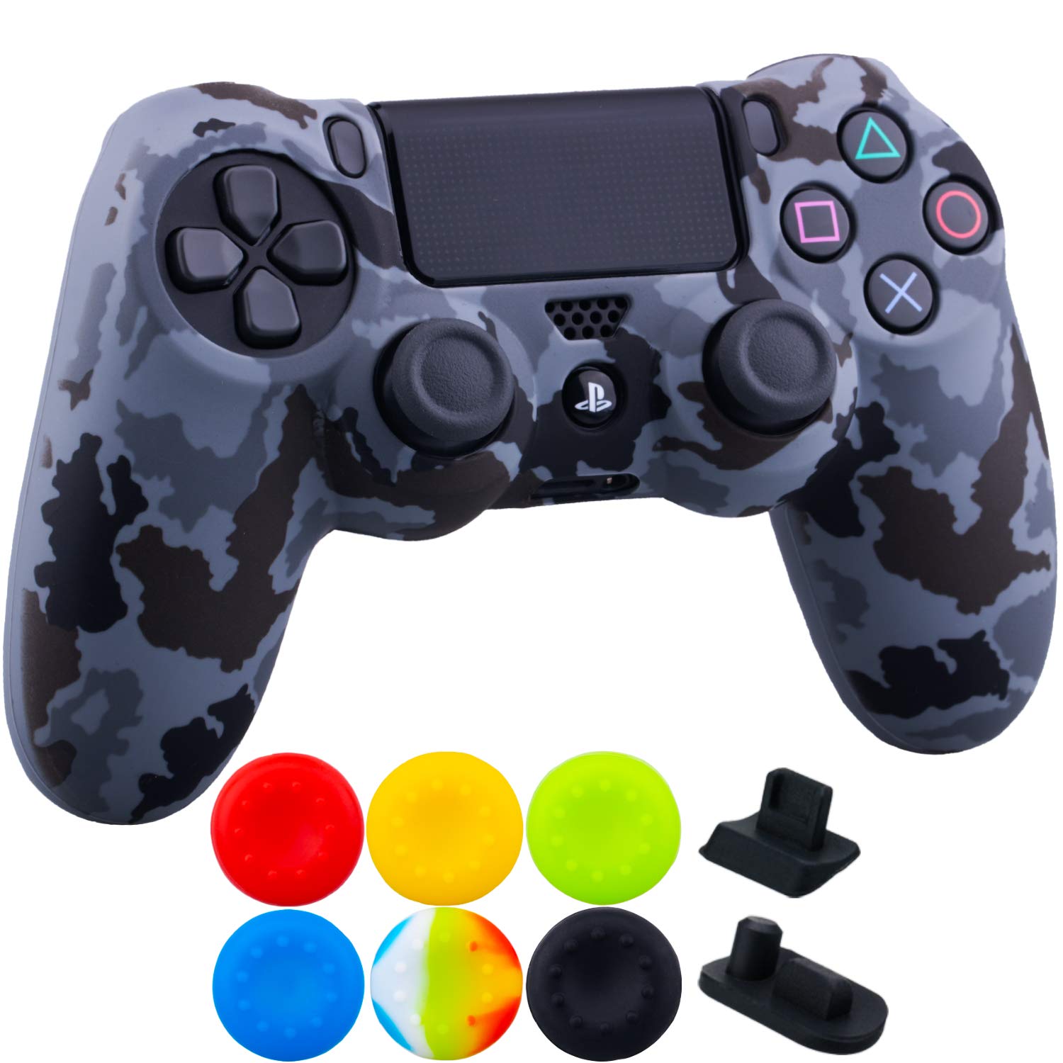 1 Piece of SiliconeTransfer Print Protective Cover Skin + 6 Thumb Grips & Dust Proof Plugs for PS4/Slim/Pro Controller Camouflage Grey — view 2
