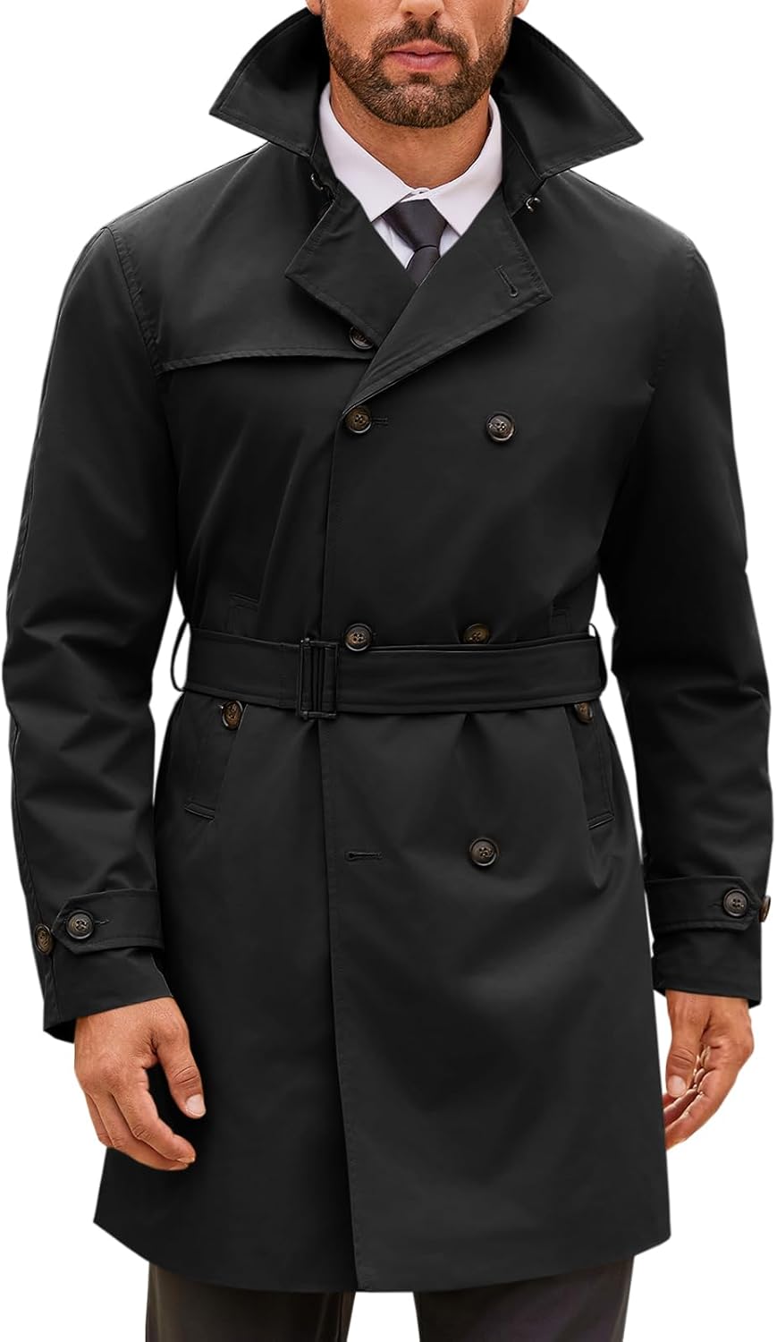 Runcati Mens Double Breasted Trench Coat Notched Lapel Windbreaker Jackets Causal Overcoat With Belt