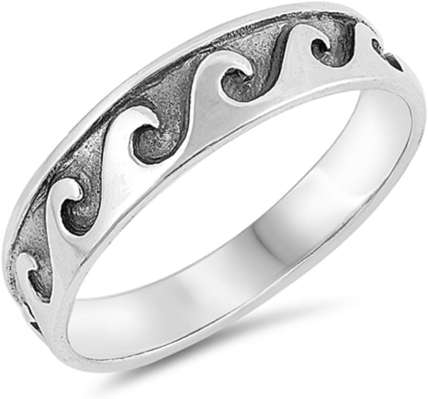 CloseoutWarehouse Oxidized Sterling Silver Engraved Ocean Waves Band Ring
