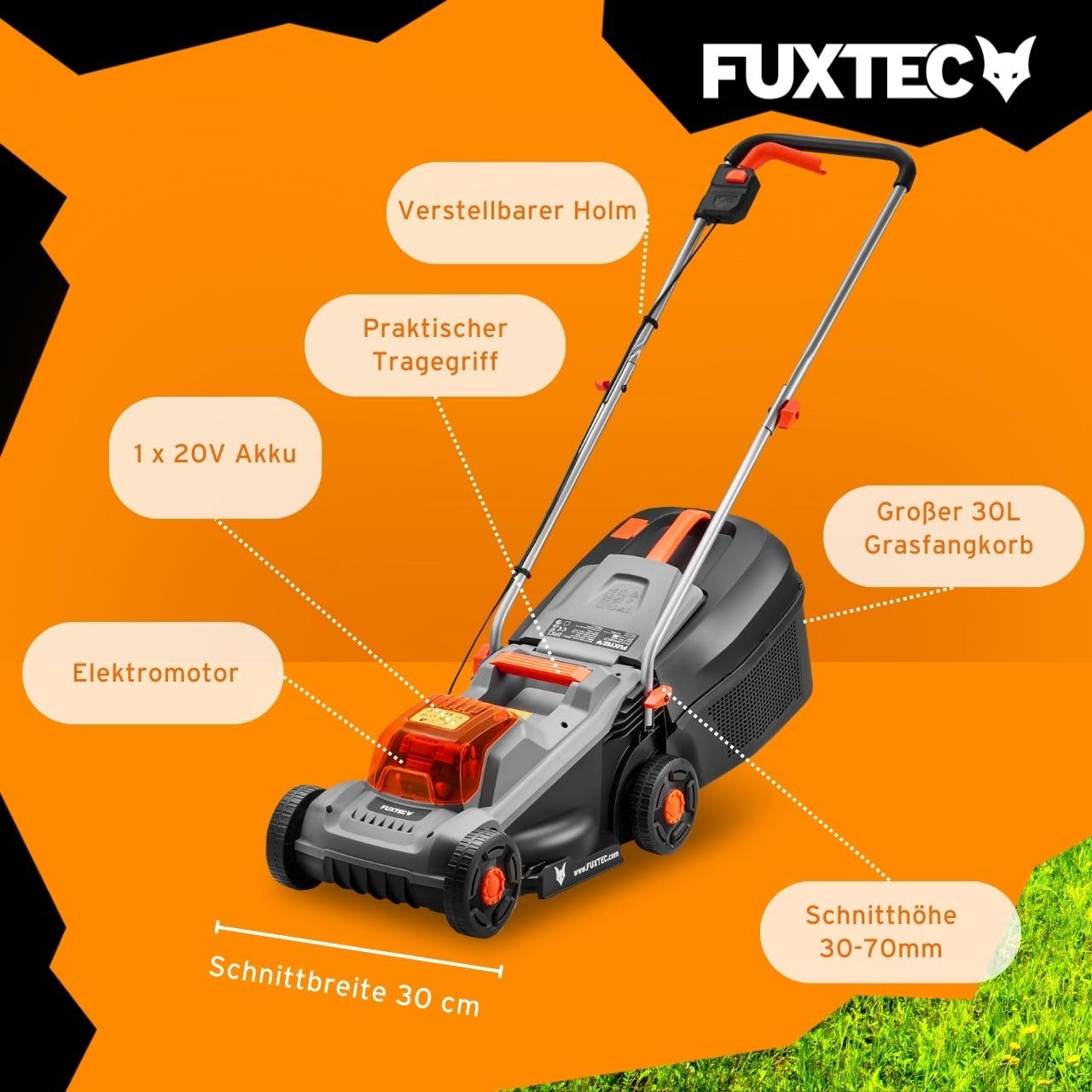 FUXTEC 20V Akku-Rasenmäher FX-E1RM20ECO, leichtgewichtiger Gartenmäher für kleine Flächen bis 200 m², 30 L Fangbox, Schnittbreite 30 cm, ohne Akku
