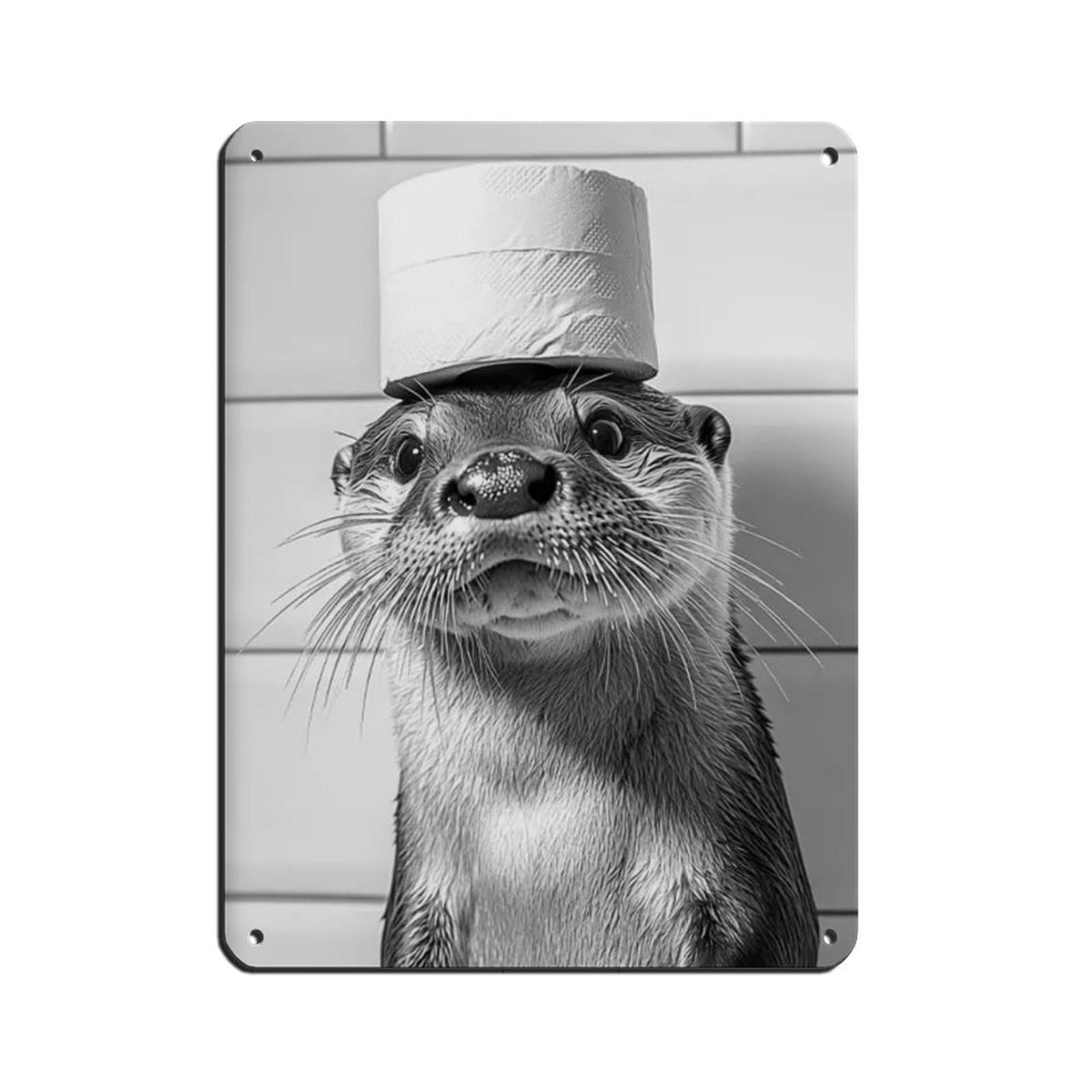 Otter with A Toilet Paper Roll on Head Tin Sign Vintage Metal Pub Club Cafe Bar Home Wall Art Decoration Poster Retro 12x16inch(30x40cm)